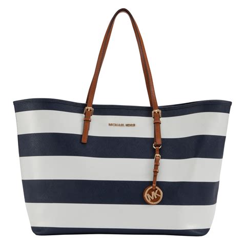 michael kors striped jet set travel tote in navy|Michael Kors designer tote jet set.